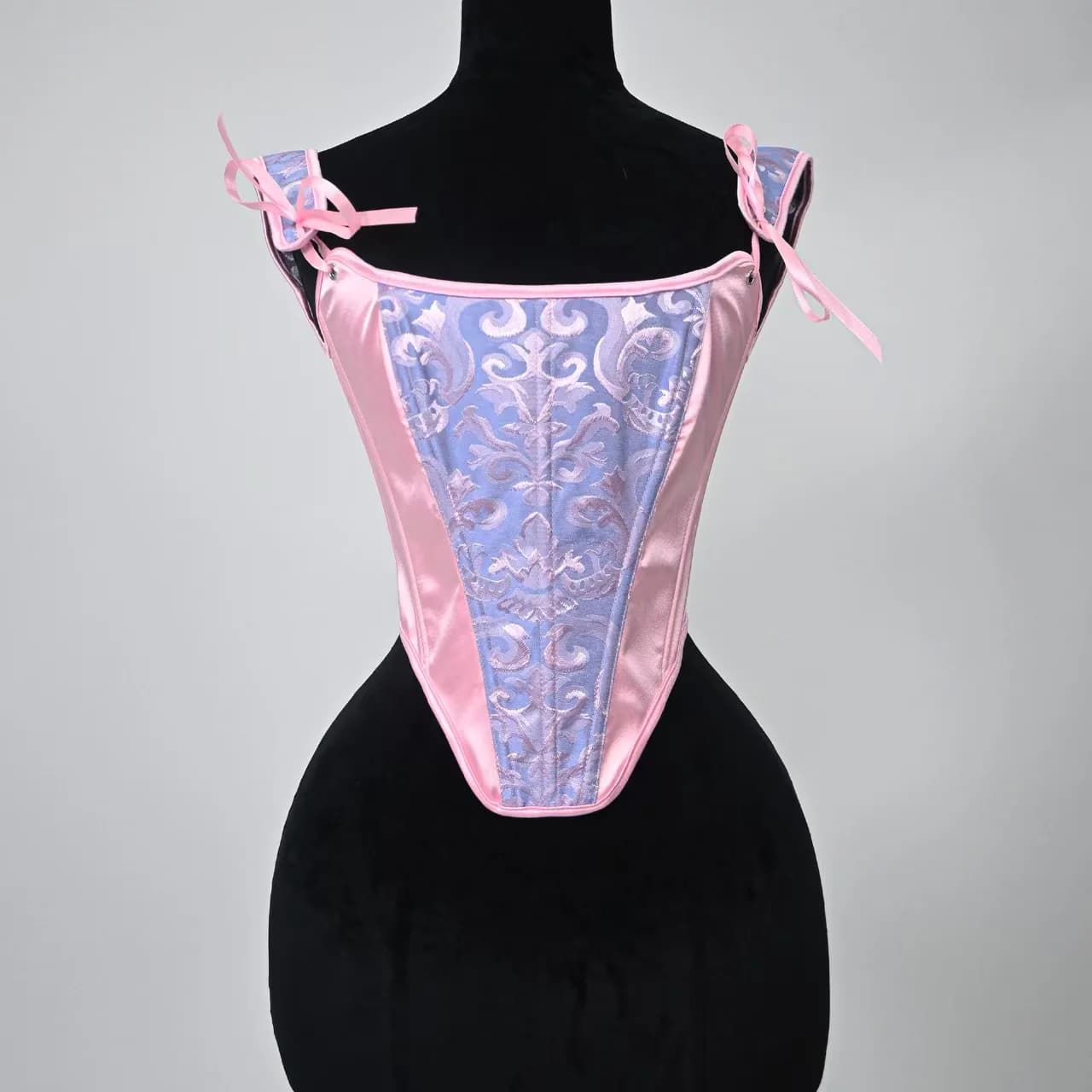 Nouveau Corset Jacquard Rose et Bleu 2026, Bretelles en Satin Rose à Nœuds, Sculpteur de Taille à Ba