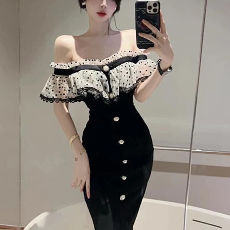 Robe de boîte de nuit à pois pour dames, col un mot, patchwork, tambour, mince, sexy, éducatif, nouv