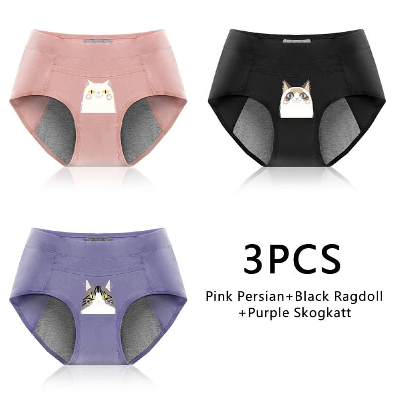 3 pièces culottes menstruelles en coton anti-fuite respirant dessin animé chat culottes femme femmes
