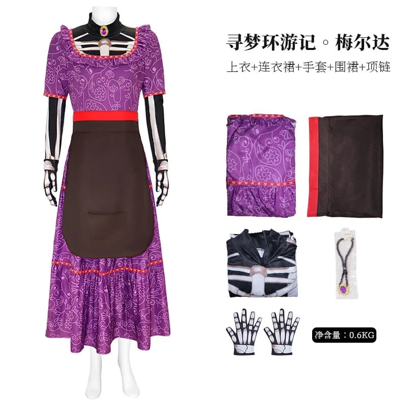 Robe de cosplay Imelda pour femmes, robe squelette imprimée en 3D violette, ensemble complet, costum