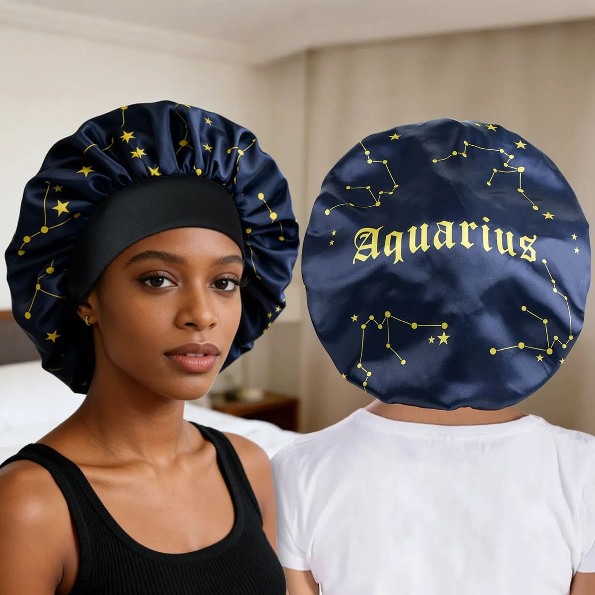 Bonnets de nuit en satin pour femmes des 12 signes du zodiaque, bonnets de soin des cheveux au desig
