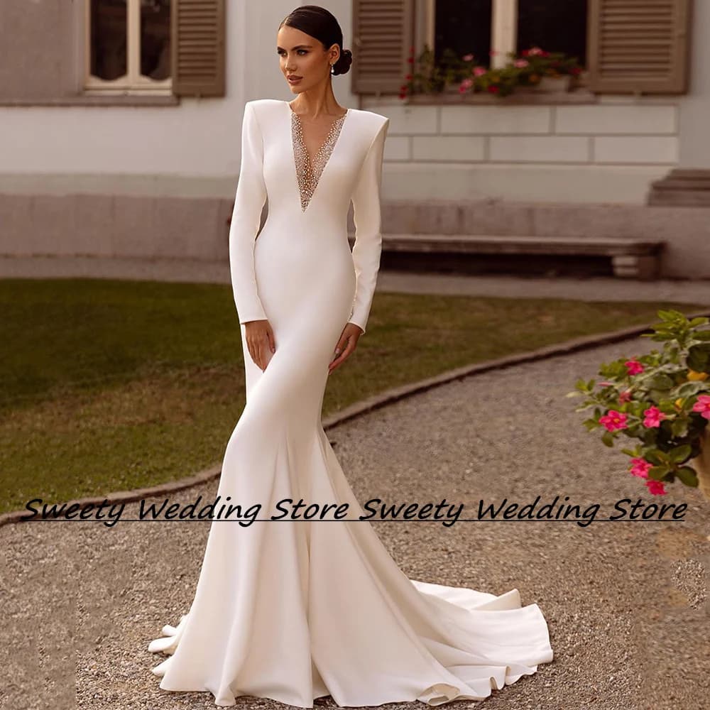 Jiayigong – robe de mariée en Jersey extensible, personnalisée, manches longues, perles, traîne de b