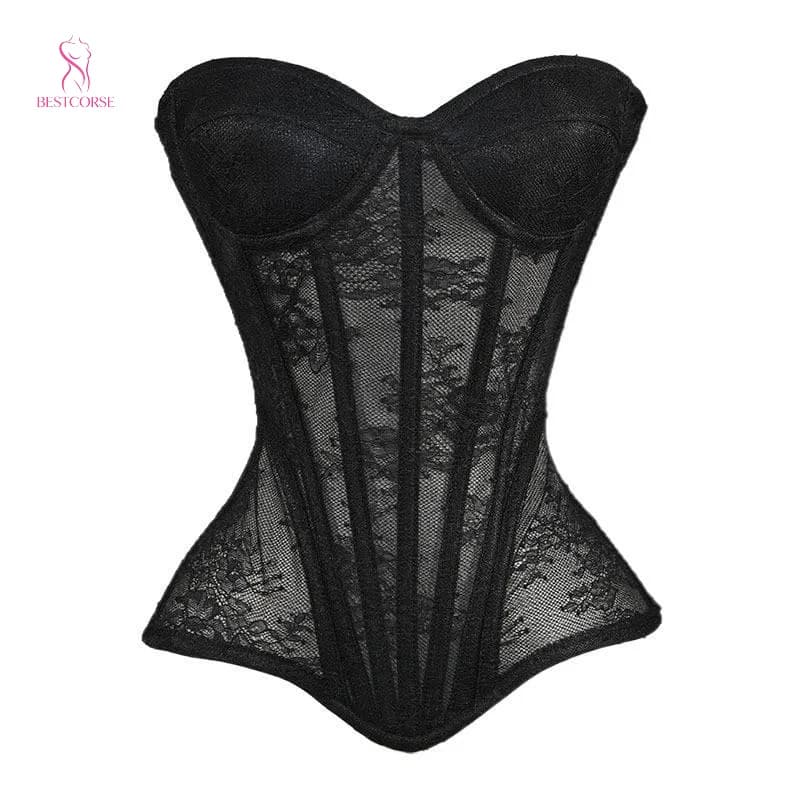 XXS corset femme luxe victorien élégant noir sexy en maille, bustier extrême moulant avec bonnets, b