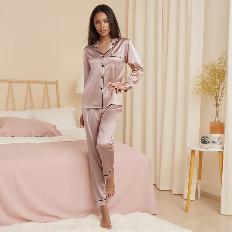 Pyjama en Satin grande taille pour femmes, manches longues, pantalon Long, soie fine, ensemble deux 
