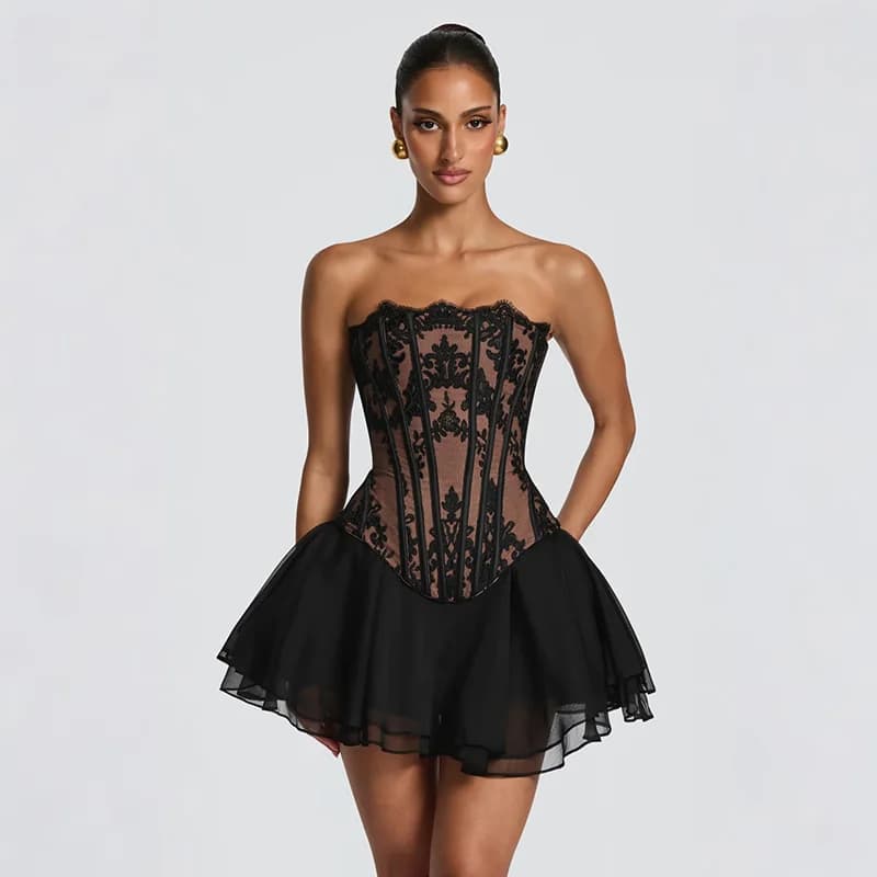 Ensemble haut et jupe pour femme en dentelle, haut corset en dentelle transparente à manches longues