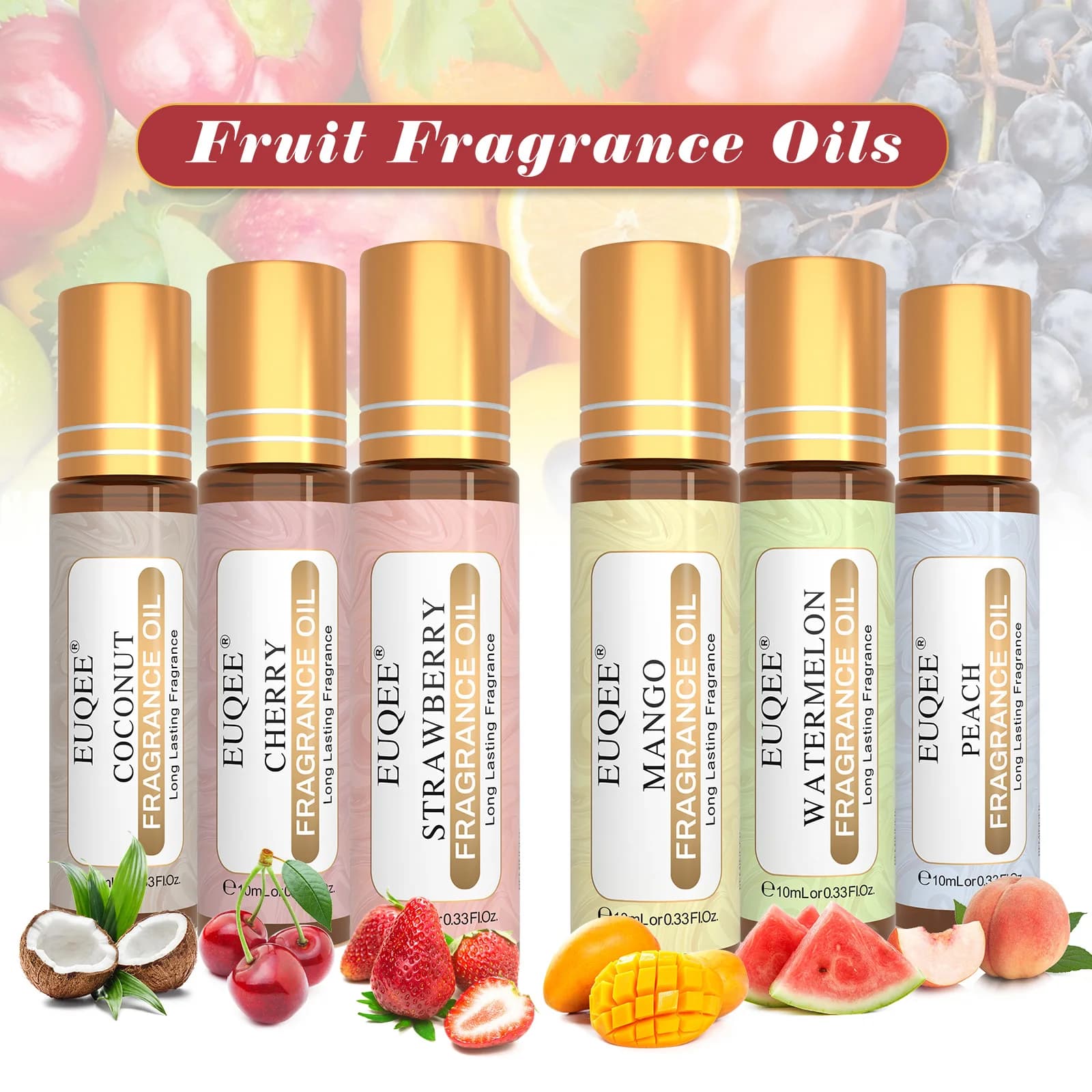 EUQEE 10ml huile de parfum de fruits fraise pastèque mangue cerise noix de coco pêche rouleau huiles
