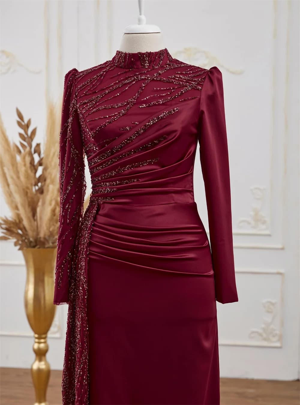 Robe de Rhbordeaux à manches longues, col haut modeste, paillettes, robe de soirée élégante, adaptée