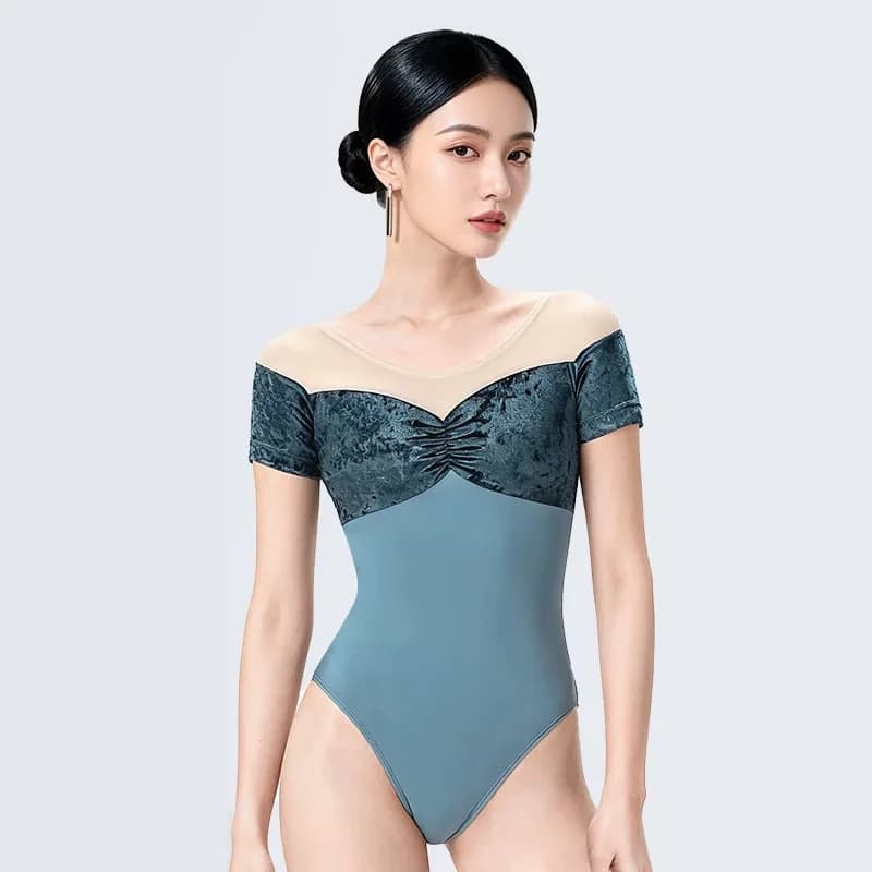 Justaucorps en velours patchwork à manches courtes, combinaison, maillot de ballet, maillot de bain 