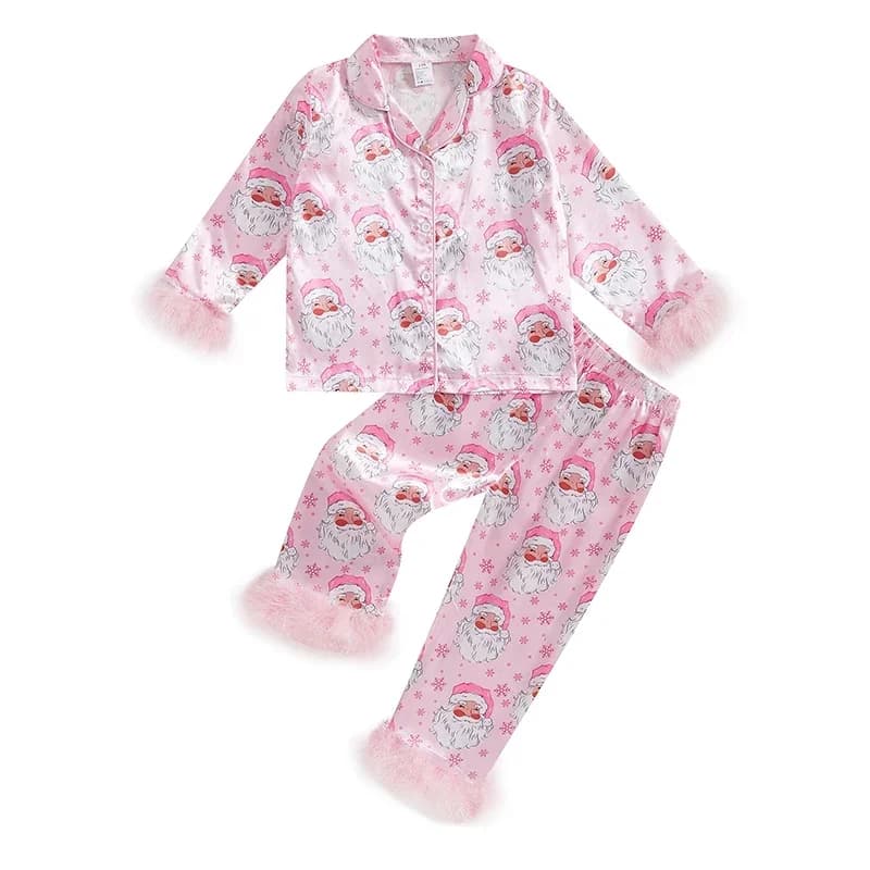 Pyjama de noël en Satin pour bébé fille, chemise à manches longues avec garniture en plumes + pantal