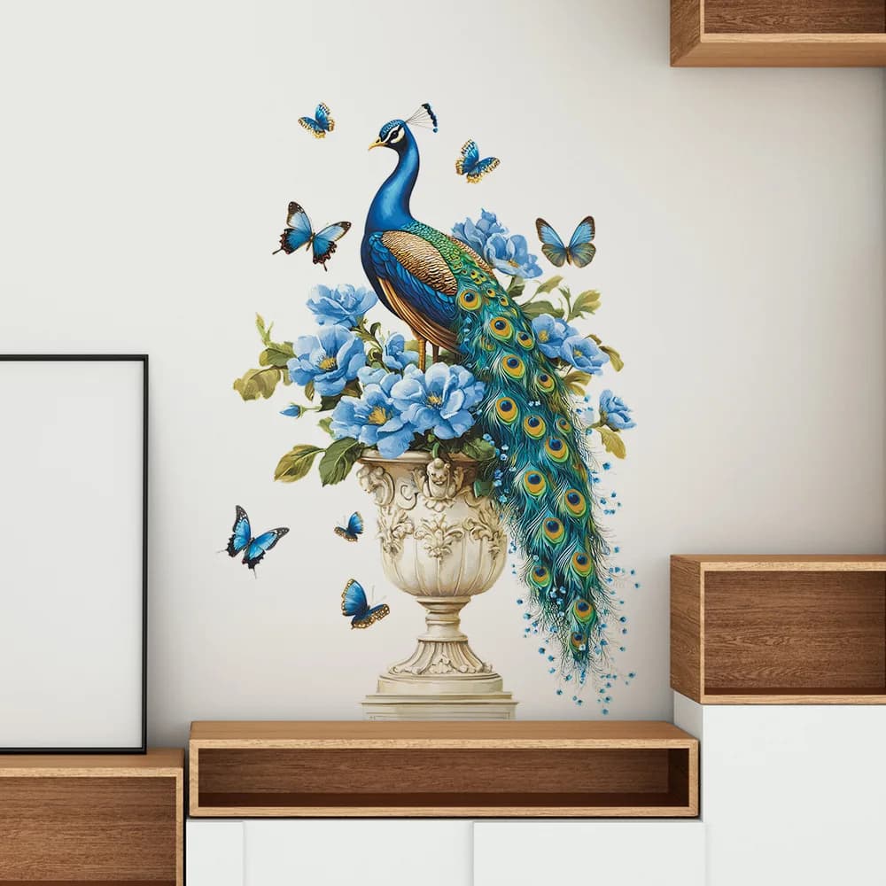 Autocollant mural motif paon, papillon et fleur, décoration de fond pour salon, embellissement mural