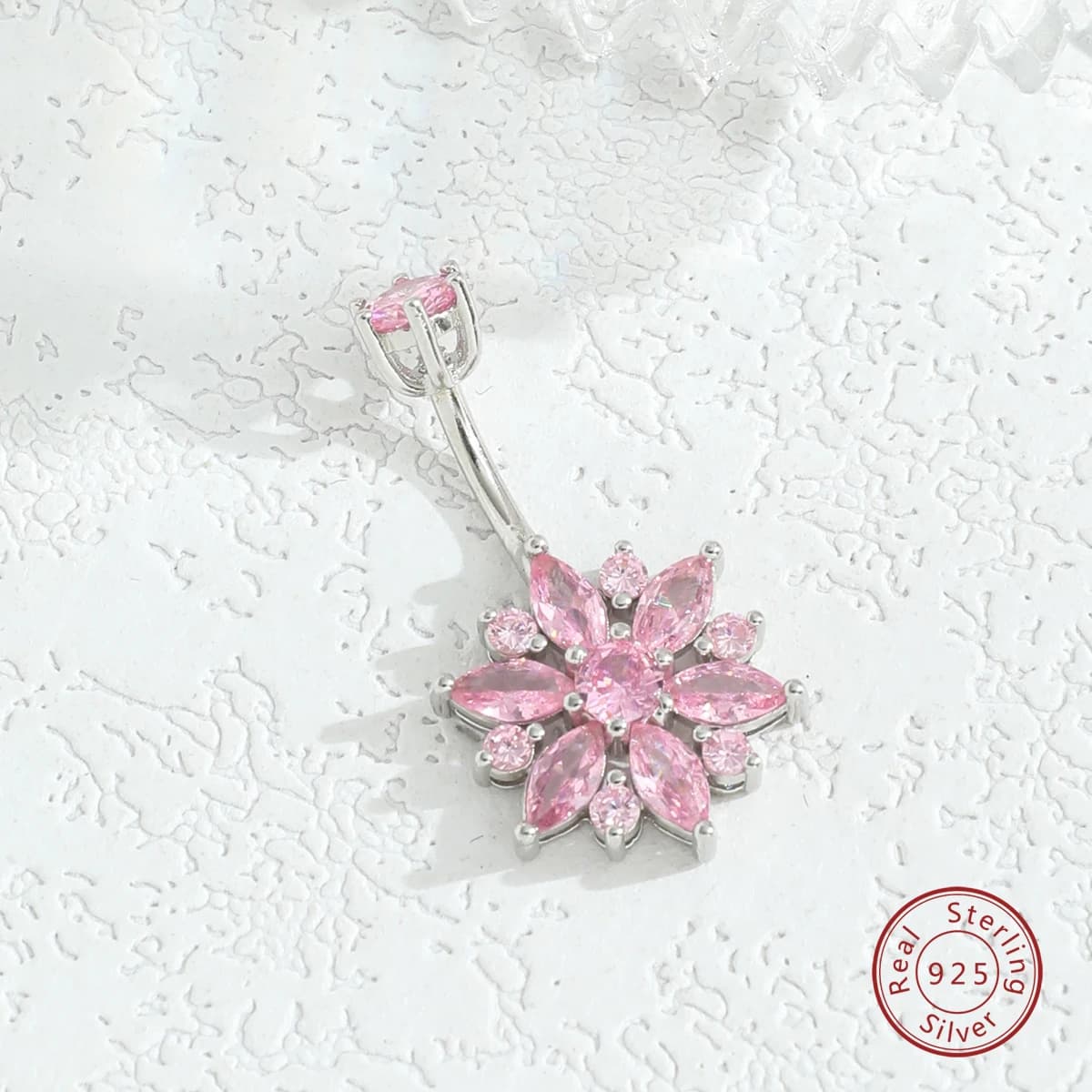 Bague nombril en argent regardé 925, barre de bouton, fleur rose, cubique, bijoux