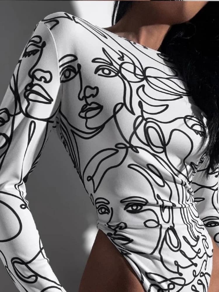 Mode impression Body à manches longues corps Feminino col rond Lingerie Sexy hauts femmes Streetwear
