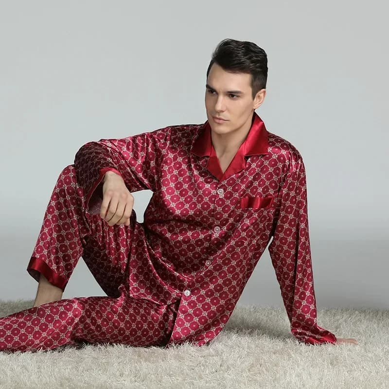 Pyjama en Satin de soie pour hommes, vêtements de nuit, confortable, doux, imprimé, chemise de nuit 
