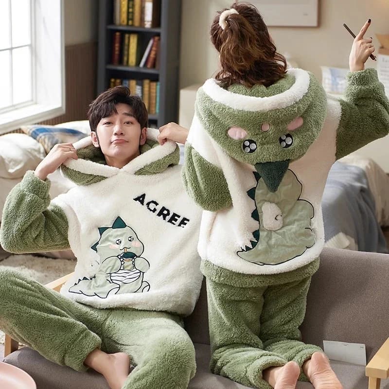 Couples Pyjamas femmes hommes hiver épaissir Pyjamas vêtements de nuit dessin animé dinosaure coréen