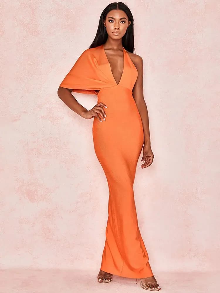 BEAUKEY-Robe de Soirée de Luxe Orange HLBandage Drapée Maxi XL, Manches Asymétriques, Col en V Profo