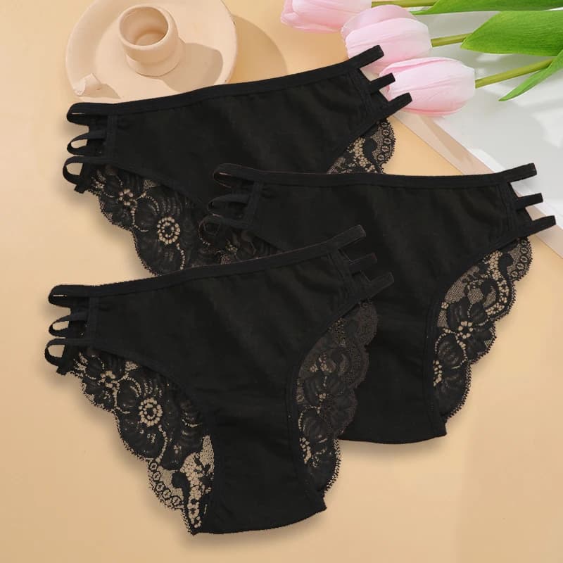3 pièce/ensemble femmes Sexy dentelle florale culotte taille basse creux slips sous-vêtements transp
