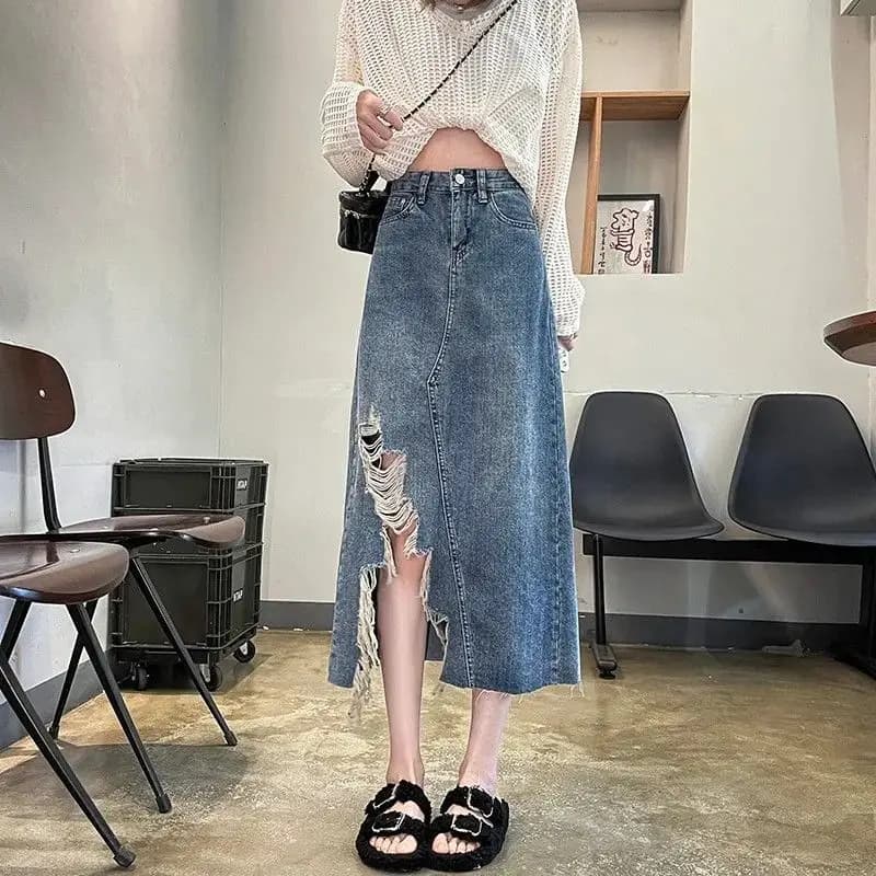 Jupe en jean femme taille haute avec fente déchiré femme jean jupes Chic et élégant luxe mode coréen