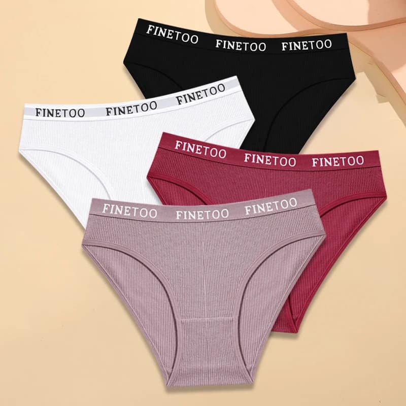 FINETOO 4 pièces coton rayé sous-vêtements femmes culottes lettre ceinture slips dames taille basse 
