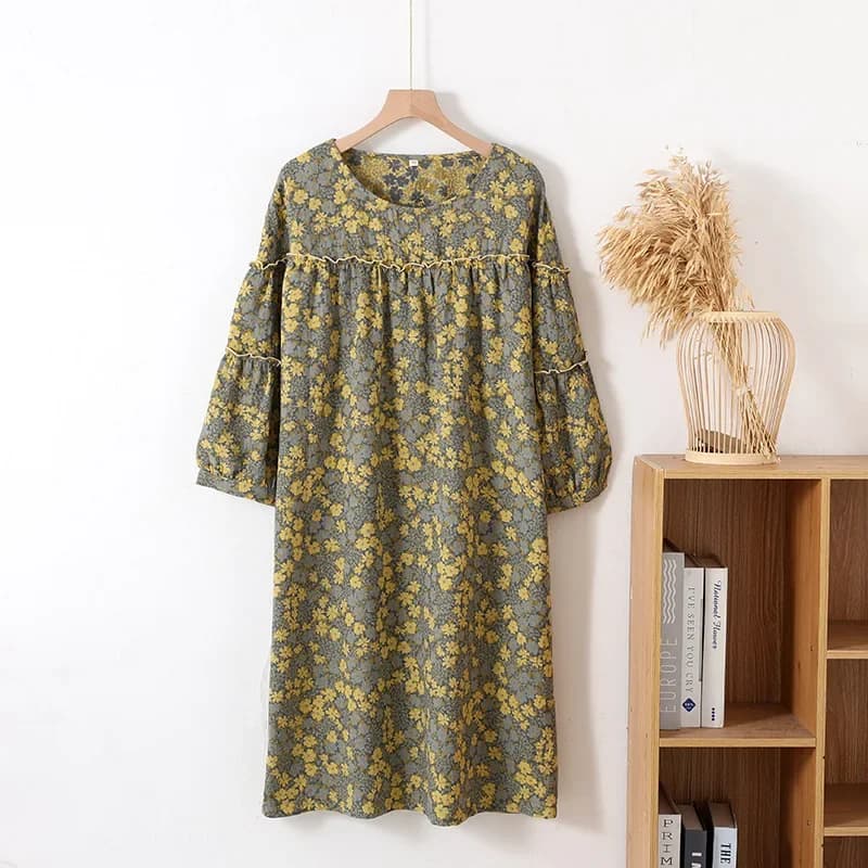Robe de nuit en coton jacquard rétro pour femme, robe de nuit fine, manches trois quarts, longueur m