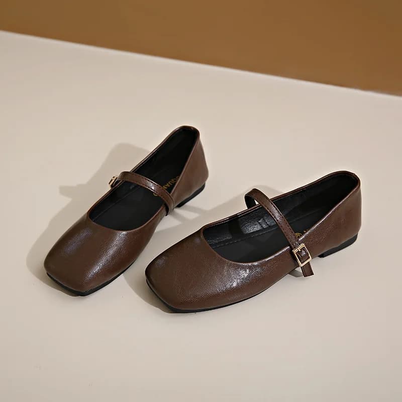 Chaussures plates en cuir véritable pour femmes, Vintage français Mary Janes, avec boucle en laiton 
