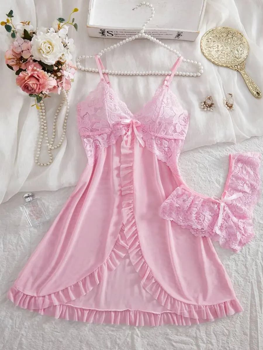 Ensemble rose pour femmes, Lingerie tanga Sexy, chemise de nuit Teddy, pyjama féminin exquis, col en