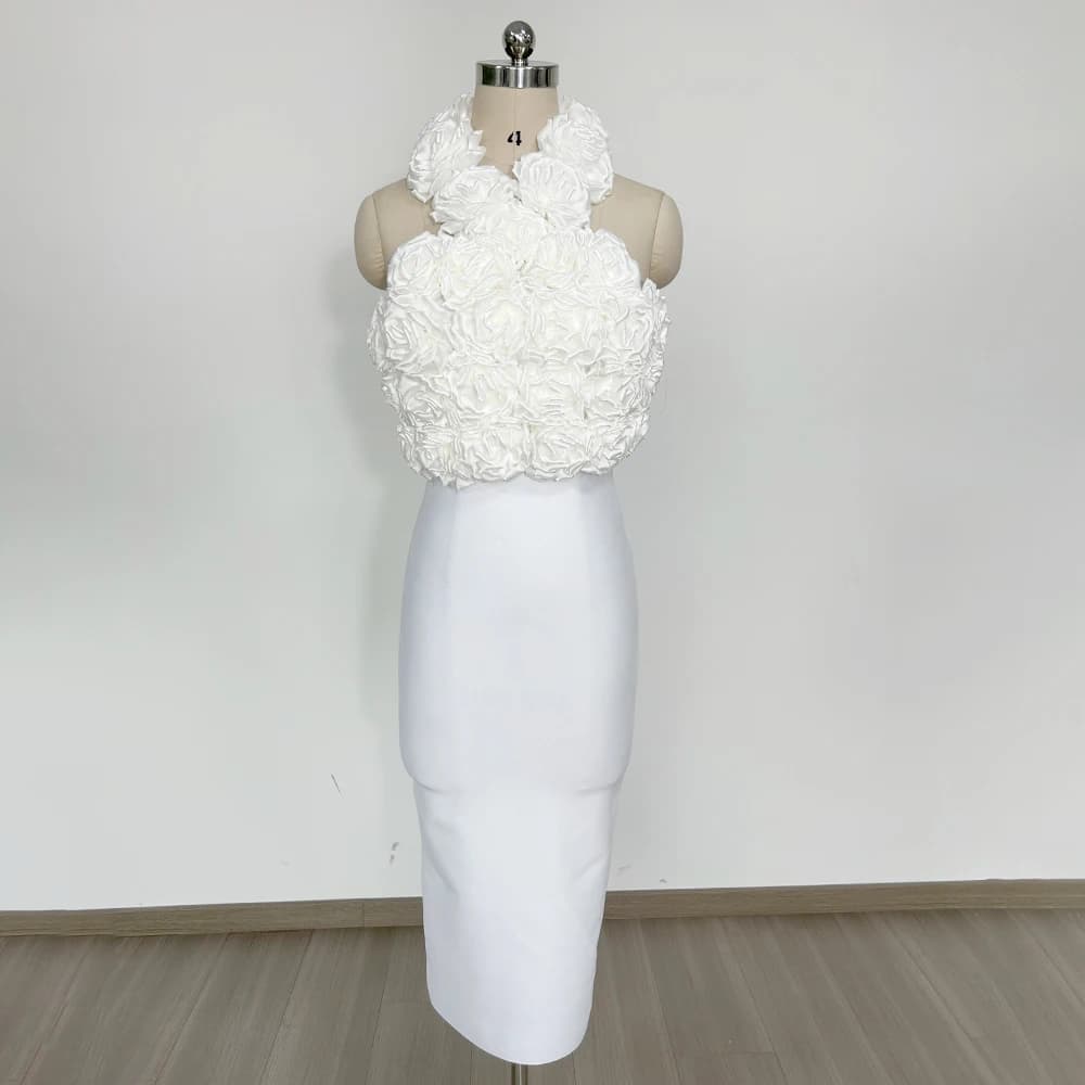 Robe mi-longue à bandes, élégante, ornée de fleurs, col licou, moulante, robe de soirée formelle pou