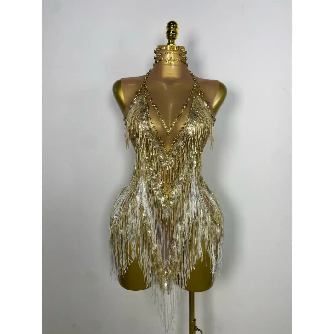 Robe Courte Sexy pour Femme, en Maille Extensible, avec Strass Scintillants et Paillettes, pour Scèn