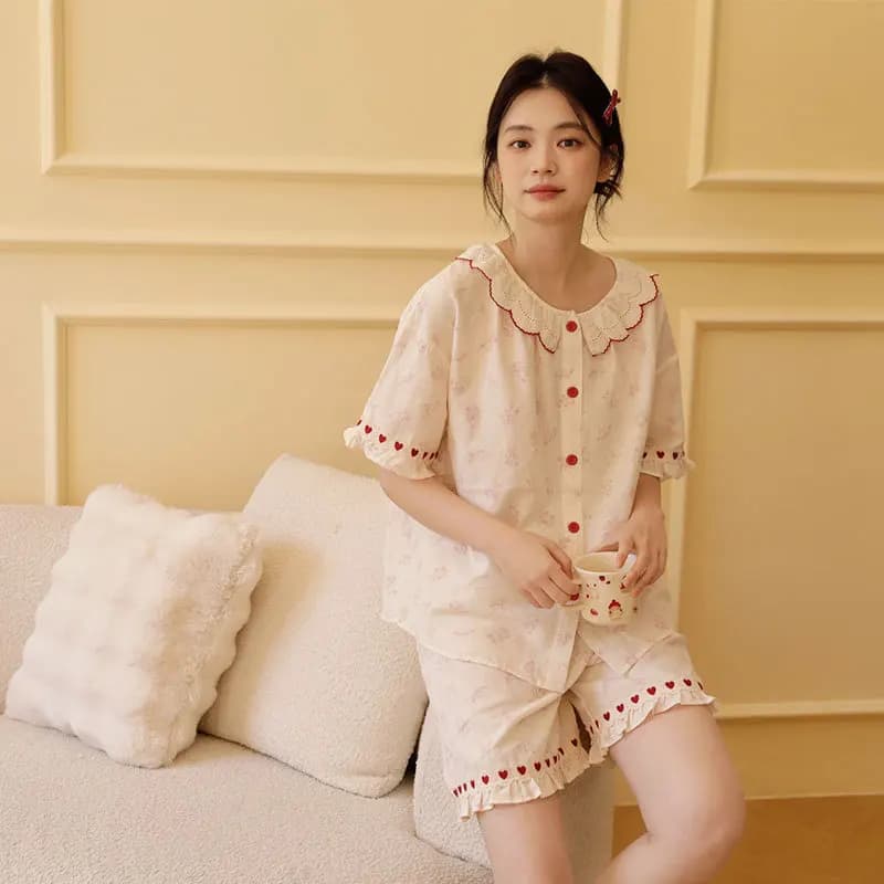 Adorable ensemble de pyjama orné de cœurs rouges |   Gaze 100% coton pour femmes |   Ensemble de vêt