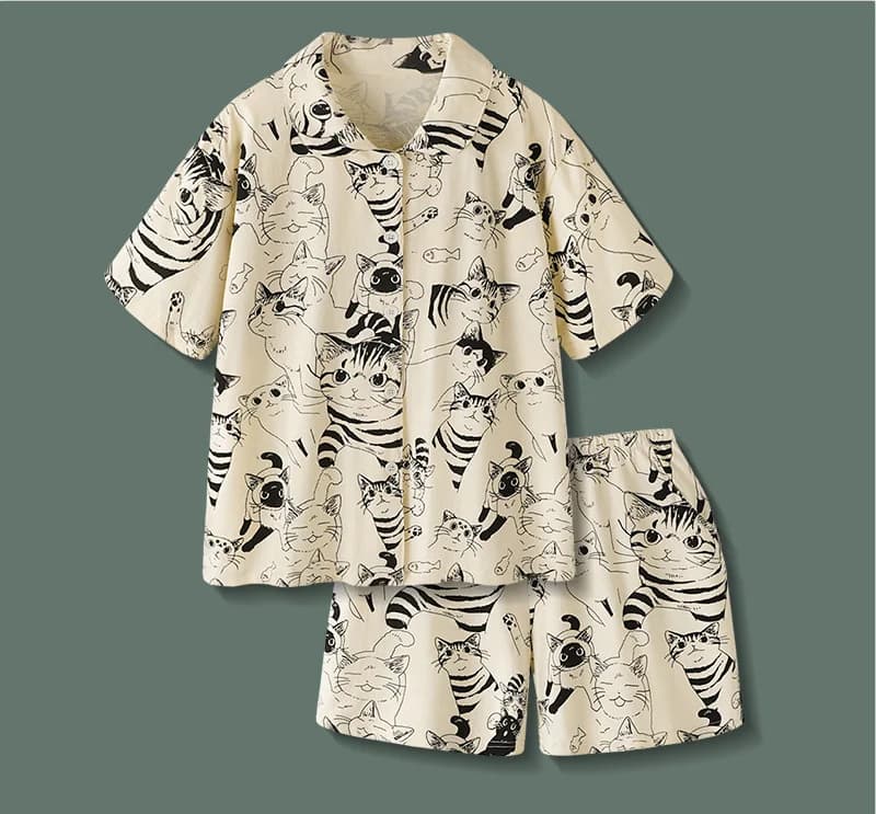 Chemise hawaïenne d'été pour hommes et femmes, pyjama décontracté à manches courtes, Short chat rétr