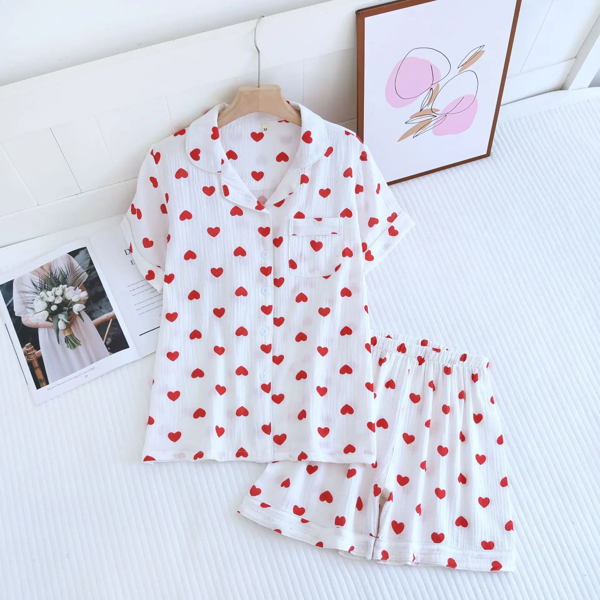 Pyjama doux pour femmes, ensemble de vêtements d'été en pur coton frais à manches courtes, mignon, p