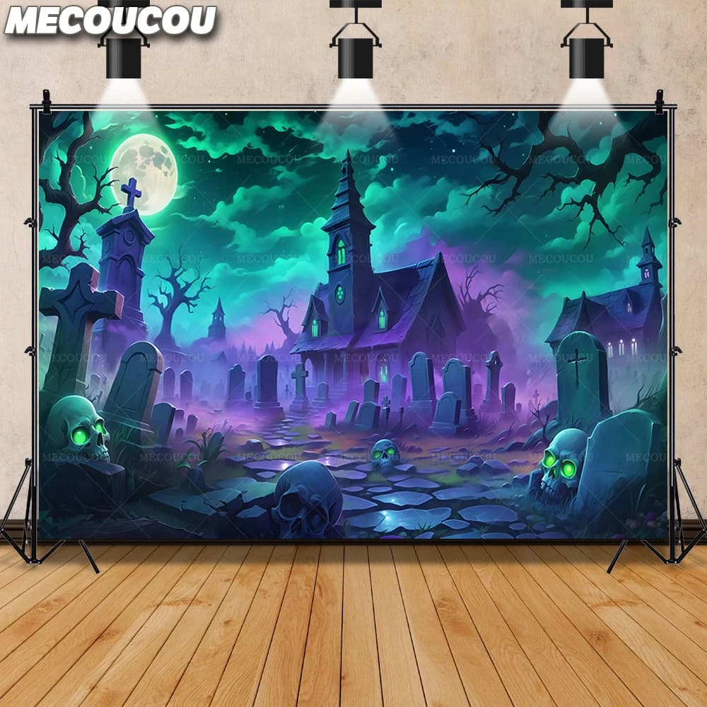 Bannière d'Halloween avec motifs Lune Nocturne, Château, Fantôme, Citrouille, pour Décoration de Fêt