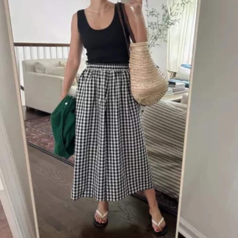 Plaid coupe ample Capri Culotte avec poche latérale femmes Vintage vichy jambe large Capri pantalon 