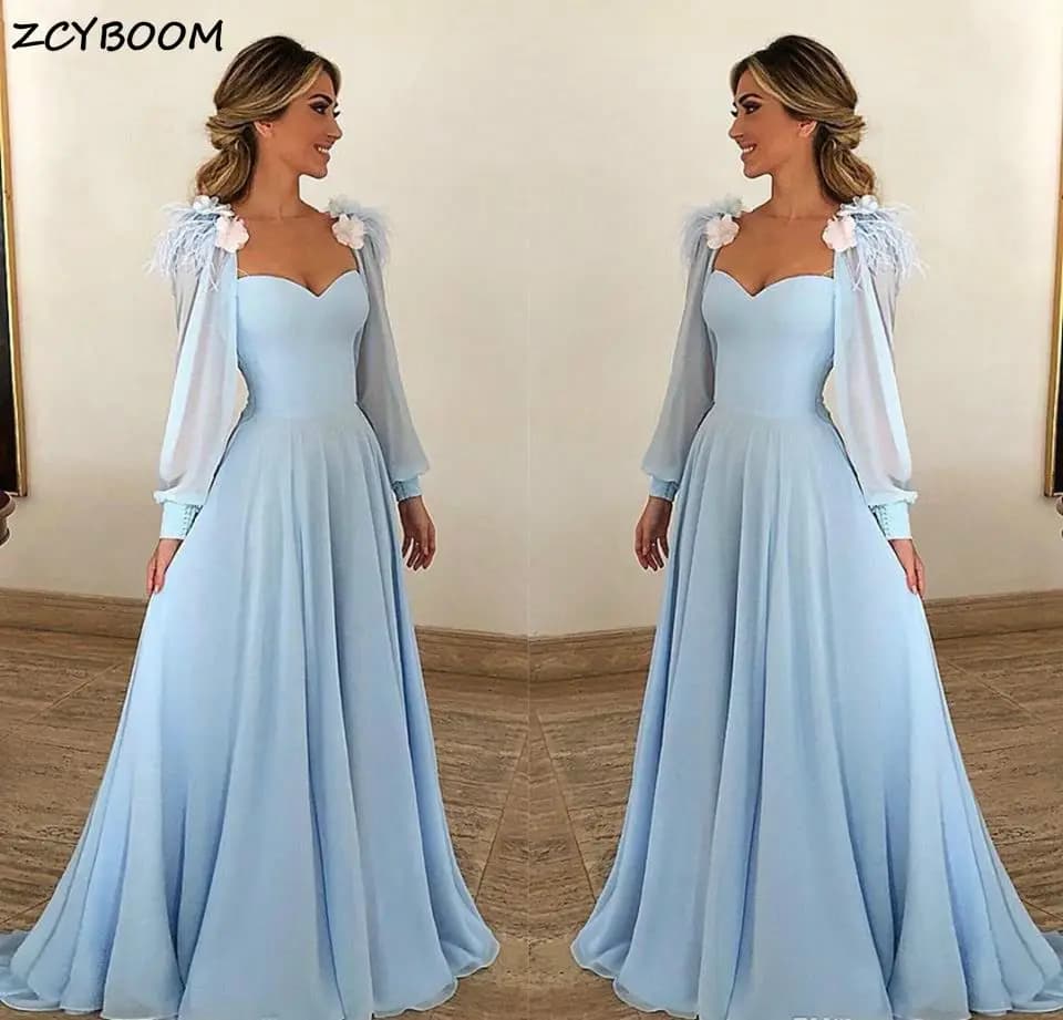 Robes de bal bleu ciel personnalisées, robes de soirée formelles en mousseline de soie, coupe trapèz