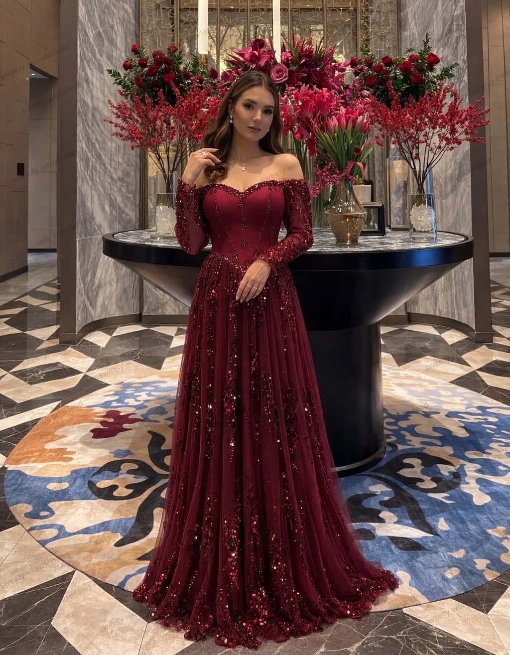 Robes de soirée exquises bordeaux en dentelle et sequins, robe de bal à épaules dénudées, manches lo