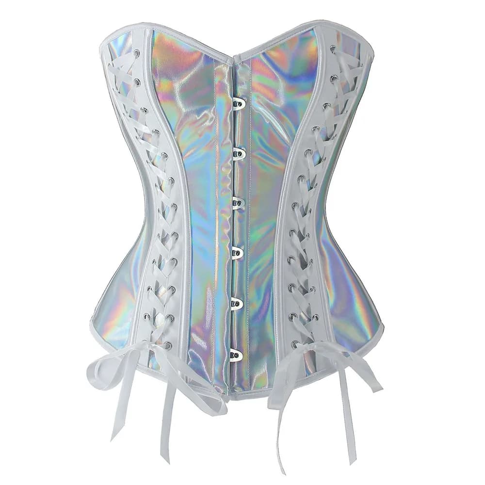 Corset sexy gothique steampunk pour femme en cuir PU argenté, bustier overbust, corselet amincissant