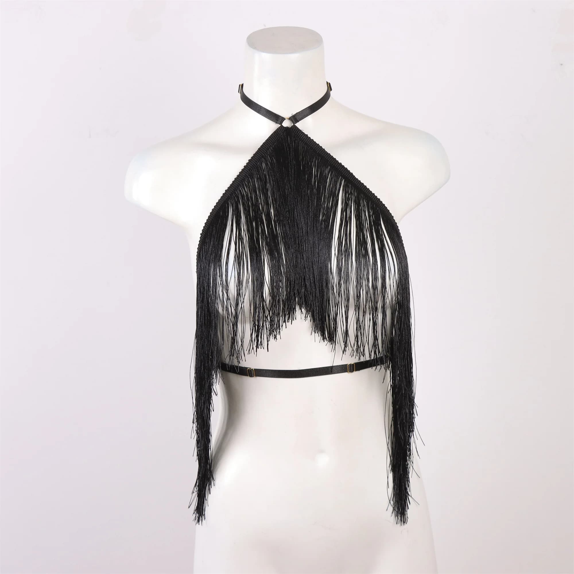 Corset gothique court noir avec détails de ceinture de sécurité et franges, ceinture de sécurité éla