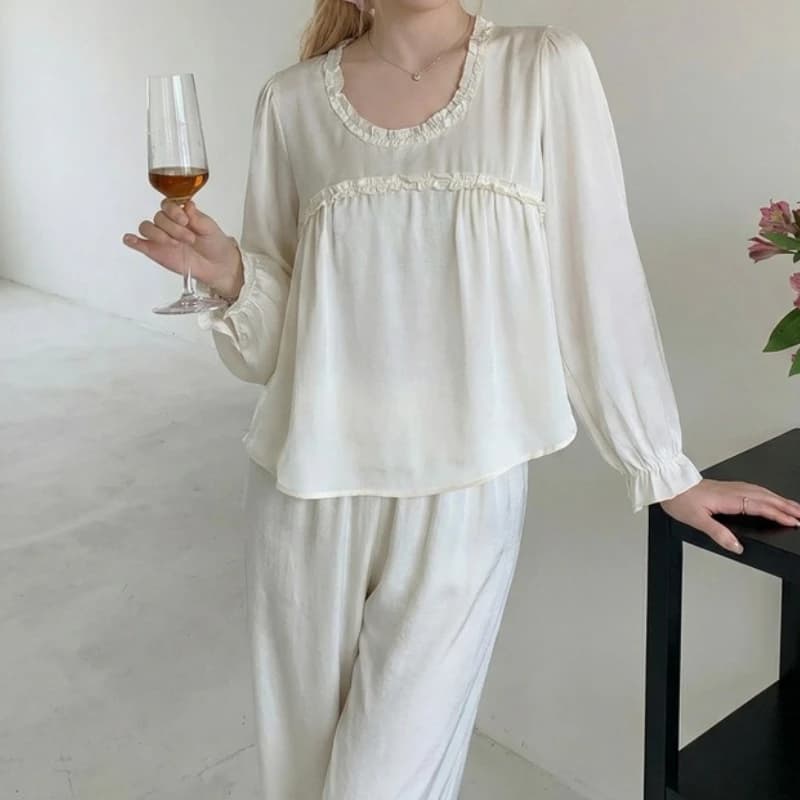 Pyjama Femme Printemps-Automne en Soie Glacée 2026 Nouvelle Collection Couleur Unie Col Rond Style F