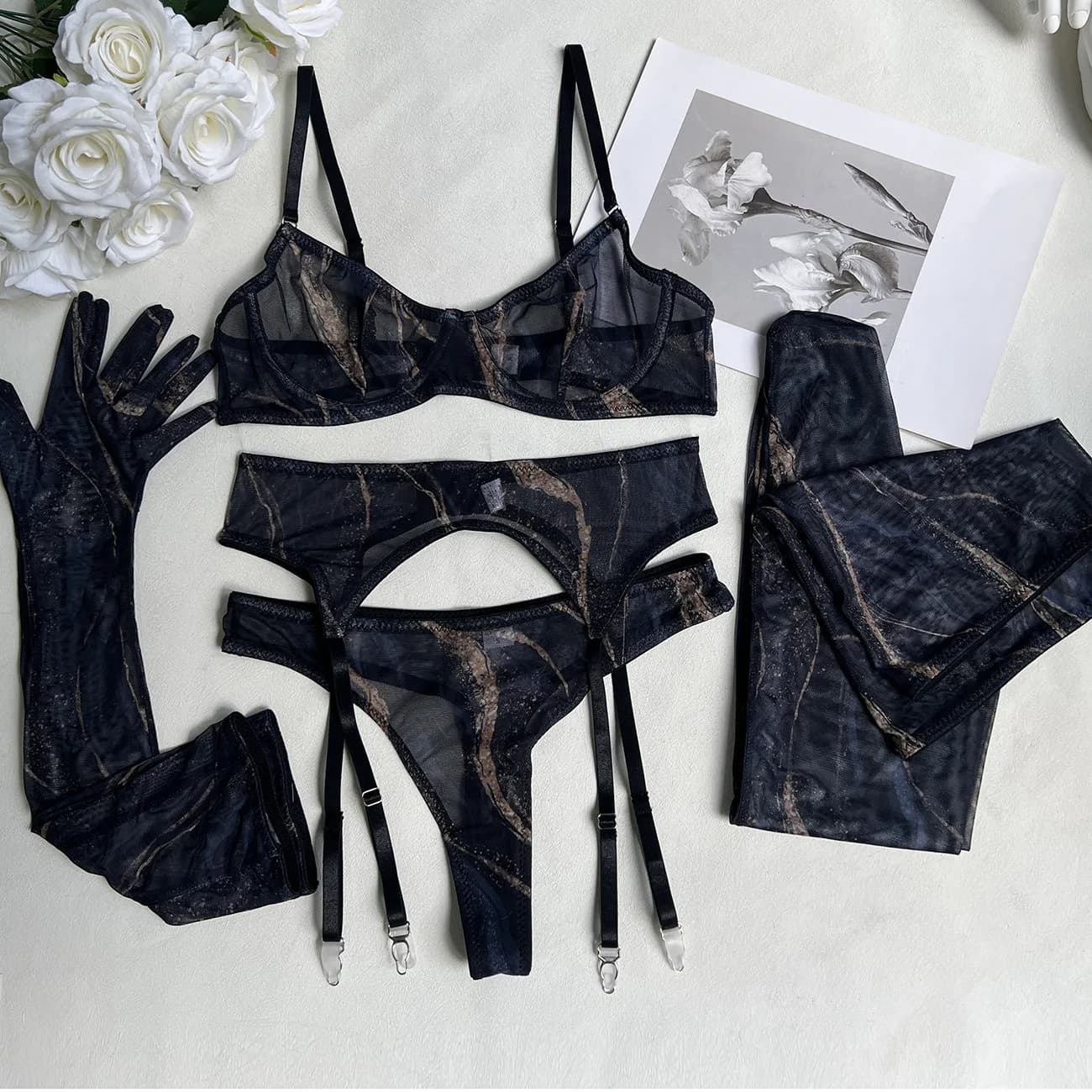 Echonight Tie Dye Lingerie sensuelle sous-vêtements en dentelle avec bas gants longs voir à travers