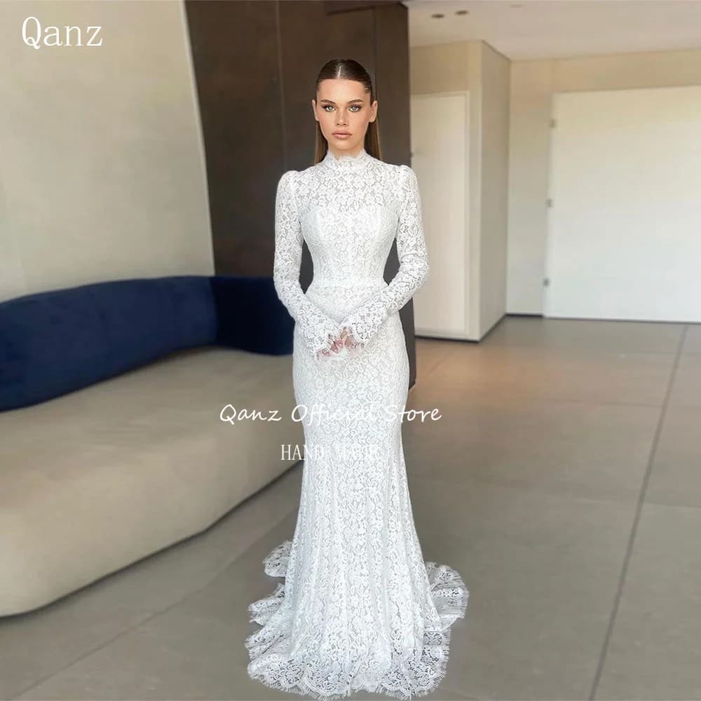 Qanz-Robes de mariée pleine dentelle bohème, sirène, manches longues, os, élégante, éducative, adapt