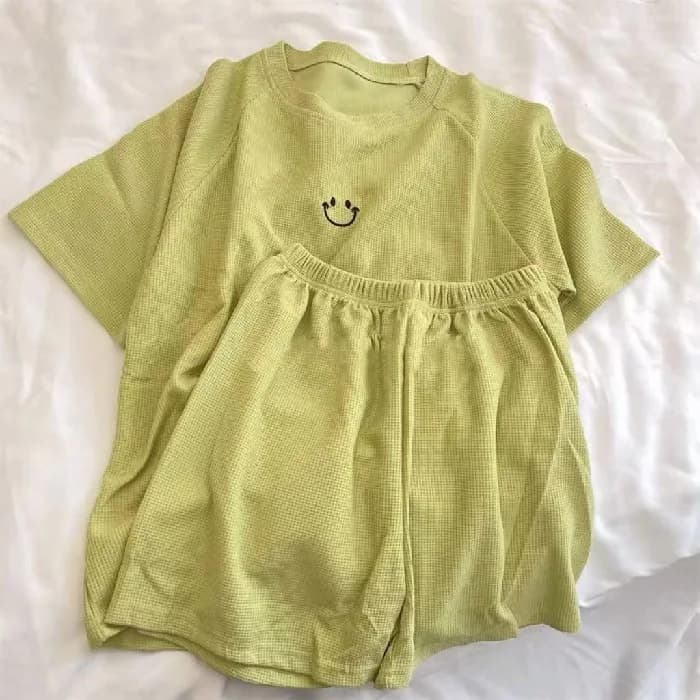 Pyjama de Style coréen pour femmes, ensemble 2 pièces, gaufré à carreaux, manches courtes, vêtements