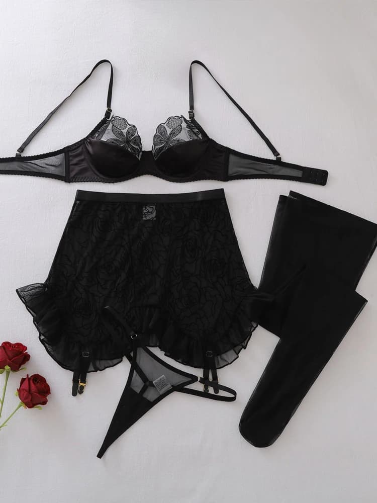 Belamimi – Lingerie transparente brodée noire pour femme, ensemble soutien-gorge et culotte sexy et 