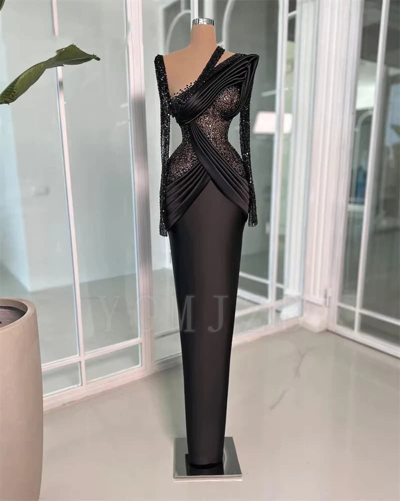 Robes de soirée noires de dubaï, élégantes, manches longues, plis de perles, robes formelles de bal 