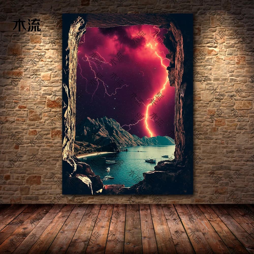 Peinture sur toile d'art mural abstrait, vue nocturne de la pleine lune, paysage naturel net surréal