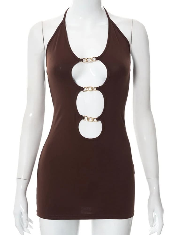 Mini robe évidée pour femme, robe de nuit sexy, tenues de club chaudes, JOdrums en métal, vêtements 