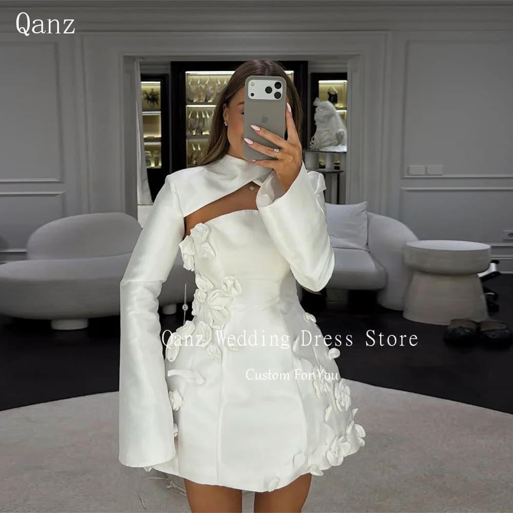 Qanz – robe de mariée courte avec veste, manches longues, en satin ivoire, fleurs 3D faites à la mai