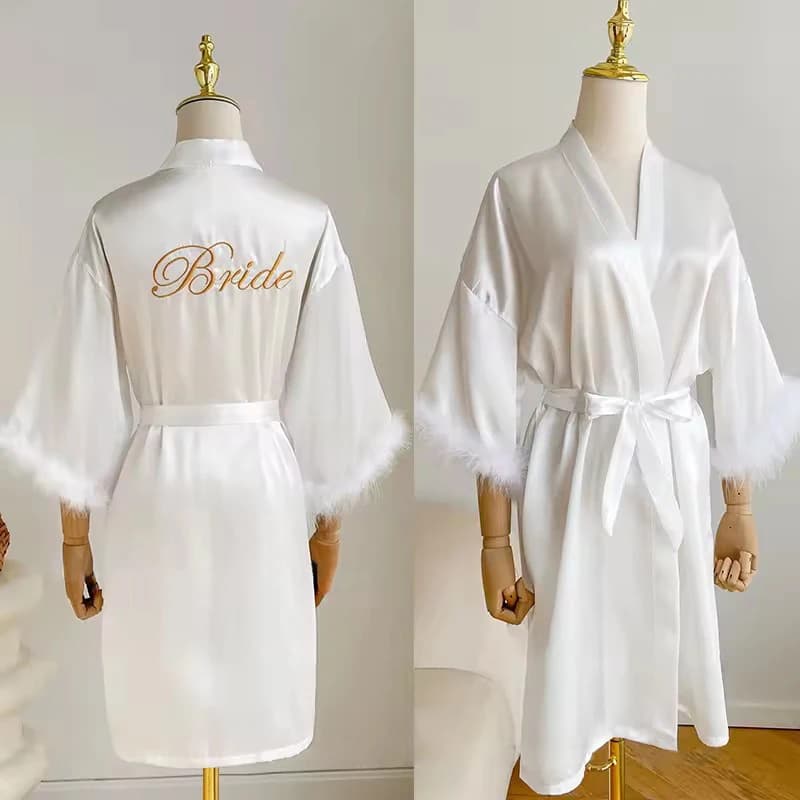 Robe de mariée blanche avec plumes pour femmes, Peignoir en Satin, robes Kimono de demoiselles d'hon