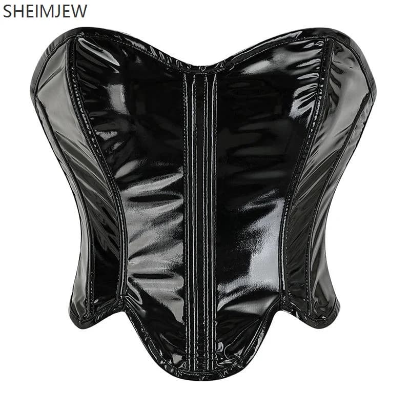 Corset Sexy en cuir Pu noir brillant pour femmes, fermeture éclair, haut gothique, nombril exposé, c