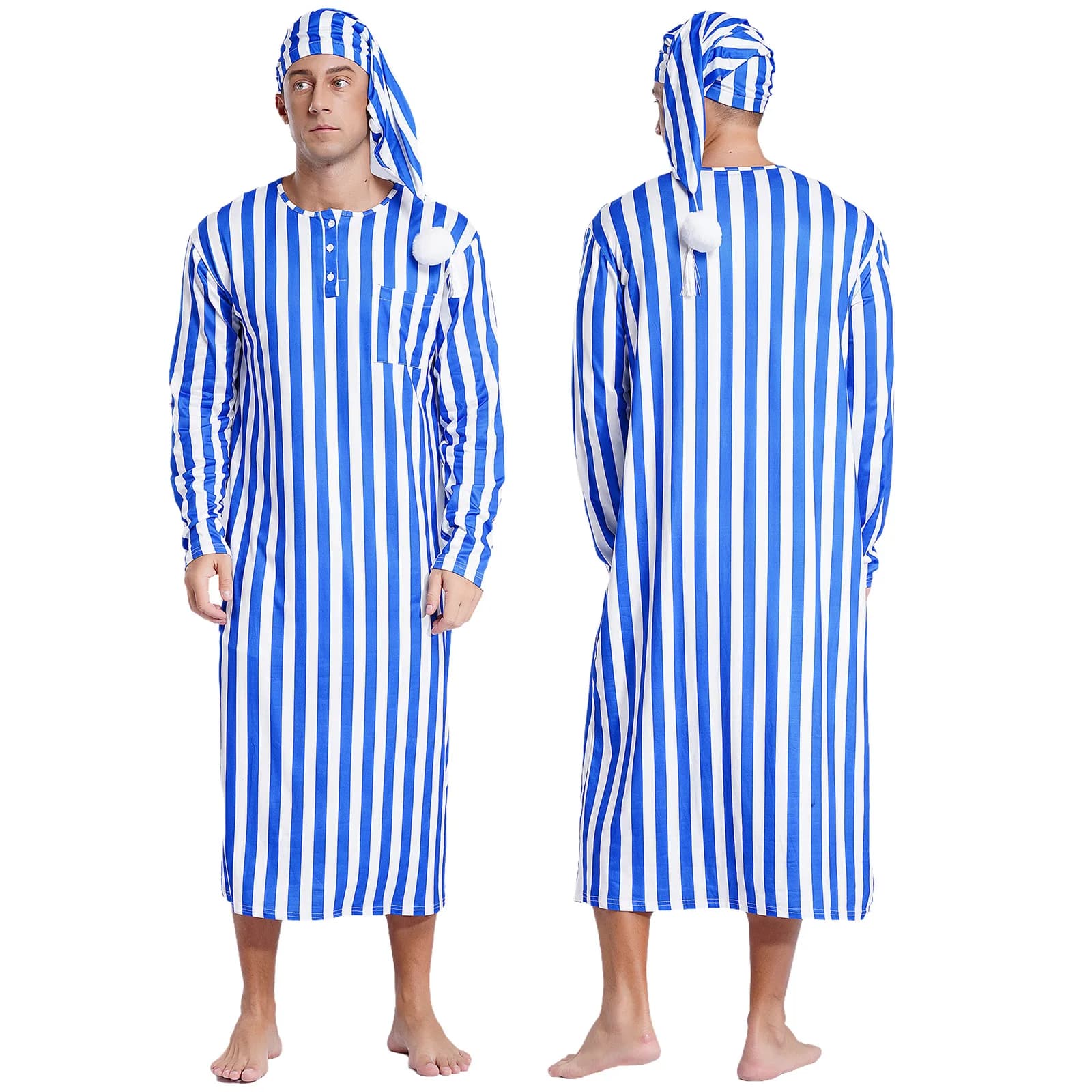 Chemise de nuit Sissy pour hommes, Robe de nuit rayée avec chapeau, ensemble complet, vêtements de n