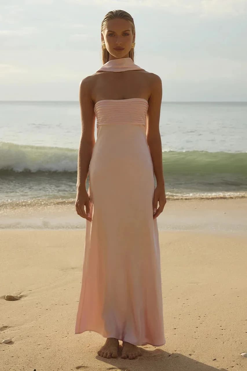 Robe en Satin sans bretelles, élégante, légère, maturité, longueur aux genoux, à la mode, avec nœud,