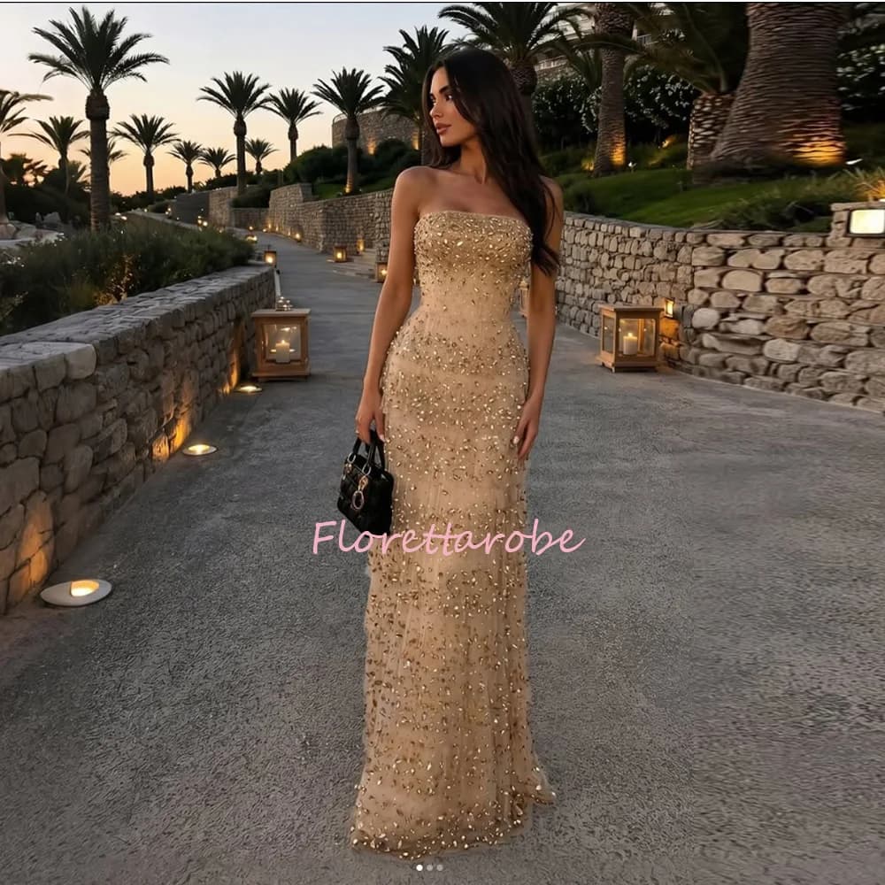Robe de soirée de luxe champagne haut de gamme, en tulle à étages orné de cristaux, style sirène, po